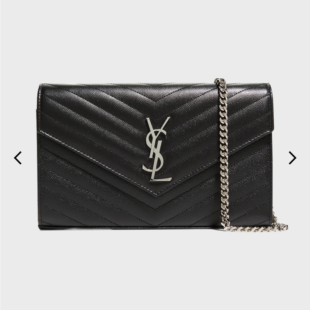 Yves Saint Laurent Black Chevron Clutch with Silver Chain